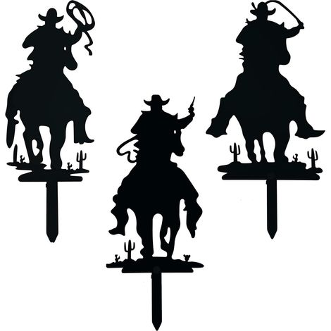 Conjunto de tres piezas de vaquero del oeste, decoración de jardín de metal hecha a mano, inserto para césped de jardín. (1/5)