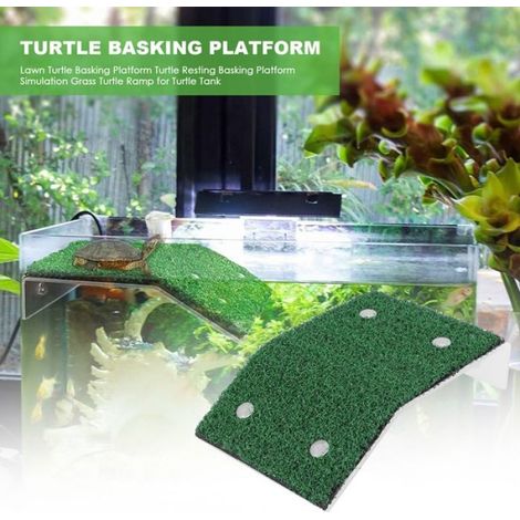 Rampe Pour Tortue - Plateforme De Repos En Plastique Avec Gazon Artificiel Et 2 Ventouses - Pour Aquarium Ou Terrarium - 12 x 18 cm (1/4)