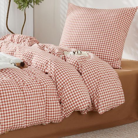 Bettwäsche-Set 155x220 cm Baumwolle Gewaschen Kariert Ziegelrot 2-teilig OEKO-TEX