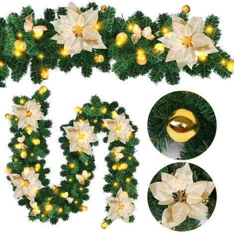 SWANEW Ghirlanda di Natale Ghirlanda di abete Decorazione natalizia per interni ed esterni Ghirlanda artistica 2,7 m 50 LED con Gold decorativo (1/5)