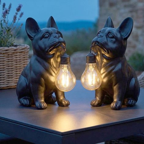 2 lampade solari a LED, lampada solare da esterno, nero opaco, cane bulldog, H 23,5 cm (1/5)