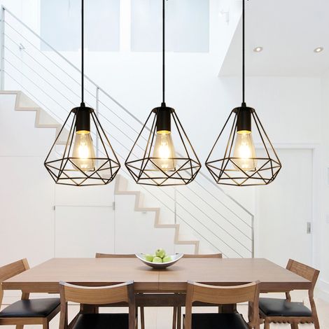 Lampada a Sospensione 3 Luci, Ø20cm Diamante Lampadario da Soffitto in Metallo, Industriale Stile Paralume con E27 Base per Soggiorno Camera da Letto a Isola Cucina (Nero)