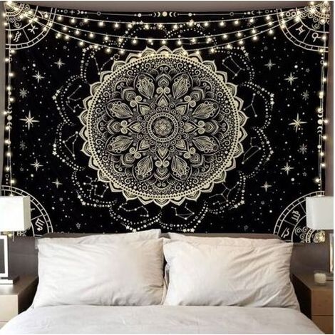 Tapisserie murale mandala en or noir, astrologie, décoration murale hippie esthétique, art mural bohème, décoration d'intérieur pour chambre, salon, dortoir (1/5)