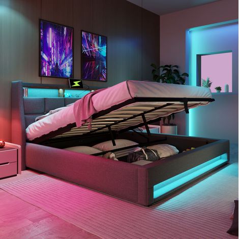 Letto imbottito vintage moderno 140x200 cm grigio con testiera USB, LED, vano contenitore a gas e materasso