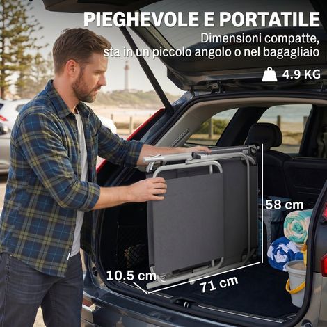 Lit pliant réglable pour jardin, 187x58x50 cm, avec auvent en toile grise, parasol orientable idéal pour bronzage en extérieur. (1/5)