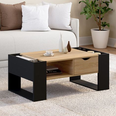 Mesa de centro rectangular BERYL con cajón de madera negra y efecto haya (1/5)