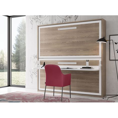 Lit superposé escamotable avec bureau Melina 90x200 cm - Matelas 2 matelas 90x200cm - Façade Noyer - Coffrage Blanc (1/5)