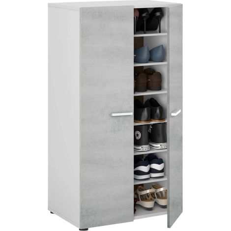 Armadio multiuso 2 ante Arful, Armadio porta scarpe, Mobile basso con 6 ripiani, Scarpiera bassa moderna, 55x36h103 cm, Bianco e Cemento