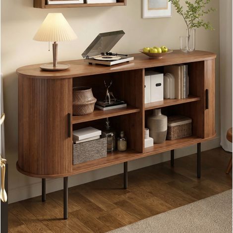 REDOM - Credenza 140x40x78 cm, porta avvolgibile scorrevole, ampio spazio contenitivo, gambe in ferro, MDF colore noce (1/5)