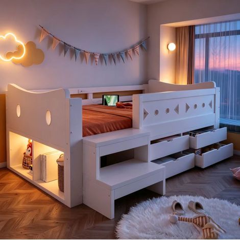 Kinderbett 90x200 cm Weiß aus Holz mit Stauraum, LED-Beleuchtung, USB- und Typ-C-Anschluss (1/5)