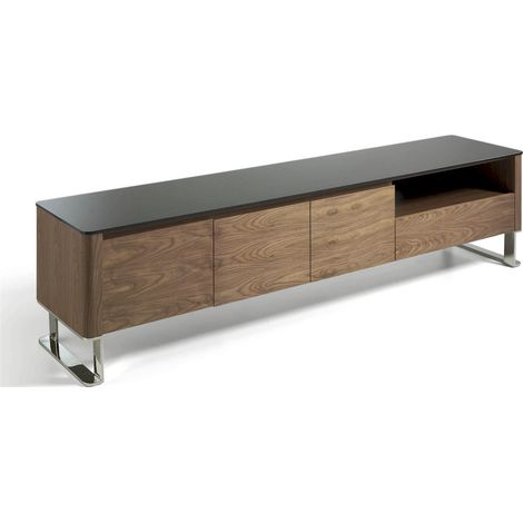 Buffet TV bois dessus en verre trempé noir 1 tiroir et étagères - Marron, noir (1/5)