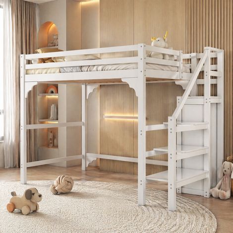 Cama alta infantil 140x200 cm de madera blanca con almacenaje, sin colchón FloraGrace (1/5)