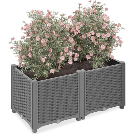 Relaxdays Pflanzkübel, Rattan-Optik, HBT: 38x80x40 cm, Garten, Balkon & Terrasse, Blumenkübel mit Wasserspeicher, grau