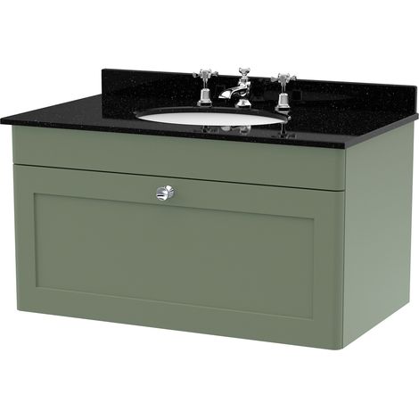 Nuie Classique Satin Green 800mm Wall Hung Single Drawer Vanity Unit with Black Marble Countertop and Round Basin with 3 Tap Holes - CLC896BR3 (1/2)