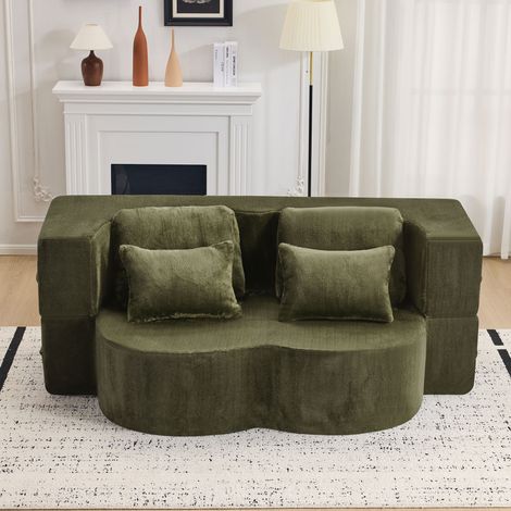 Grand canapé de sol vert moderne avec 4 coussins décoratifs, canapé confortable en flanelle, matelas pliant en mousse haute densité, idéal pour le salon, la chambre d'amis ou la chambre à coucher, auc (1/4)