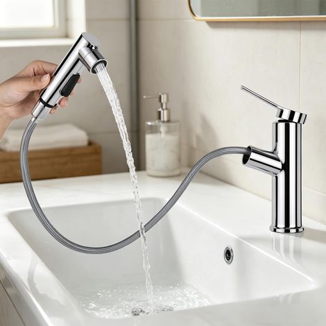 Robinet de salle de bain avec douchette extensible, haute pression, mitigeur monocommande avec 3 types de jet, mitigeur chaud et froid, convient pour salle de bain (Argent brillant) (1/5)