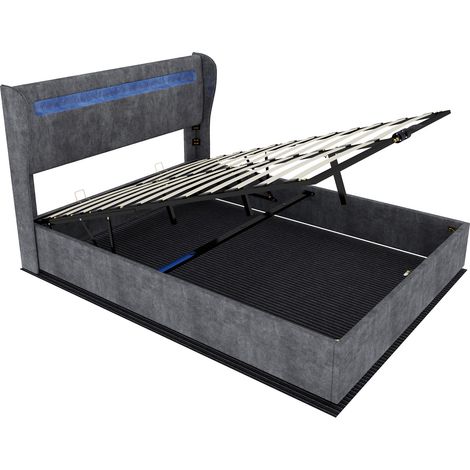 Cama con canapé abatible tapizada gris 160x200 cm con cabecero LED y elevación a gas (1/5)