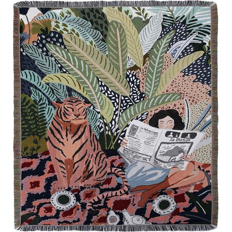 1 Pièce 160x130cm Couverture Plaid Tigre et femme Tricotée Décorée avec des Franges Bohême Simple Doux Confortable Protéger Contre Le Froid pour Canapé Sofa Chaise à Repos et Sieste