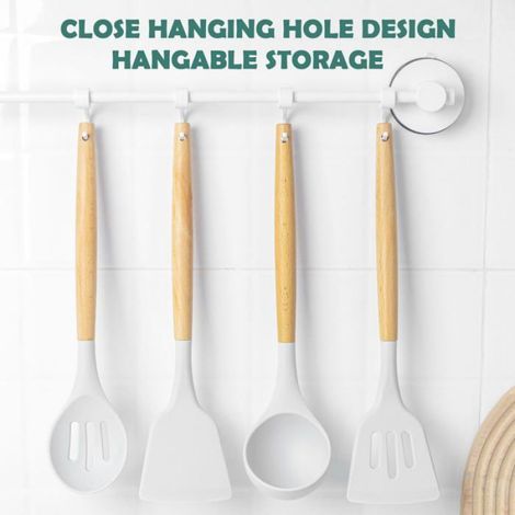 12 Ustensiles Cuisine Silicone avec Poignée Bois, Sans BPA, Lavable Lave-Vaisselle (1/5)