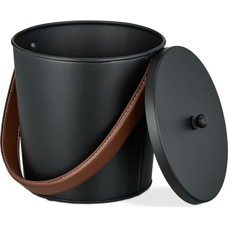 Relaxdays Ash Bucket, with Lid, 4.5 litres, Ash Bin with Leather Handle, for Coal & Ash, Fireplace, Stove, Black/Brown (1/5)