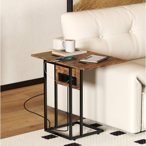 MEUBLIV Tavolino pieghevole a C con ricarica USB, marrone rustico 39x29x57 cm (1/5)