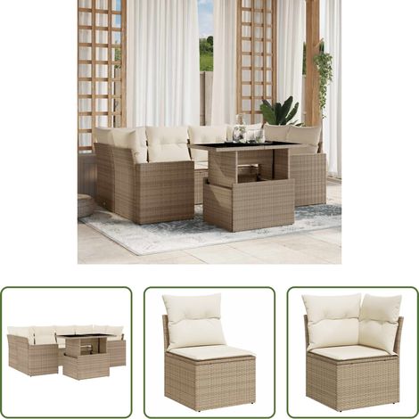 vidaXL Poly Rattan - 7-tlg. Garten-Sofagarnitur mit Kissen Beige Poly Rattan (1/5)