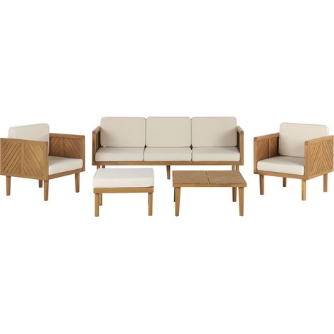 Conjunto de jardín 5 plazas de madera de acacia clara beige claro con otomana mesa sillas cojines Baratti (1/5)