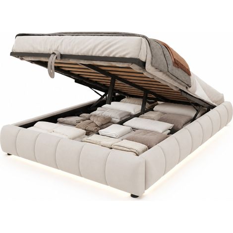 Letto contenitore 140x200 cm in velluto beige senza testiera con LED - CHICFURN (1/5)