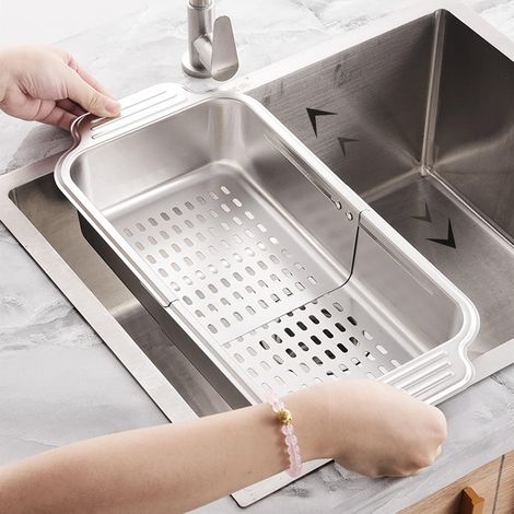 Panier à passoire rétractable en acier inoxydable pour évier de cuisine - Lavez les légumes et les fruits, égouttez les pâtes et séchez la vaisselle, extensible (argent)