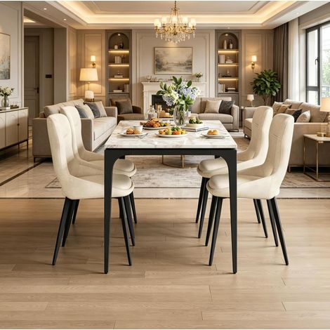Juego de 4 sillas de comedor acolchadas, con reposabrazos, respaldo envolvente, chenilla y metal beige (1/5)