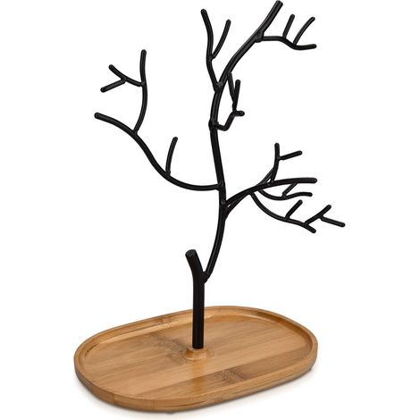Arbre Présentoir à Bijoux - Porte-Bijoux Design Range Collier Bracelet Bague Boucle d'Oreille - Support Arbre en Métal avec Socle Bambou (1/5)
