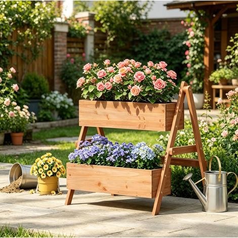 Jardinera elevada de 2 niveles de madera de abeto marrón 80 x 62 x 68 cm (1/5)