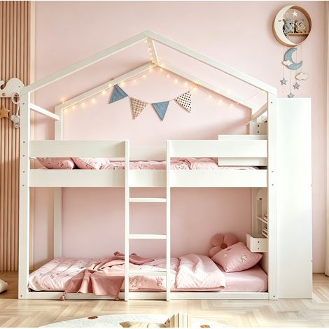Cama litera doble con almacenaje infantil juvenil blanca HAVRYA (1/5)