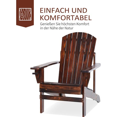 Fauteuil Adirondack extérieur avec support verre, transat de terrasse, siège de balcon en bois massif, aspect brûlé, 72 x 95 x 93 cm (1/4)