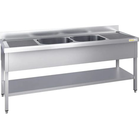Plonge inox 1800x700mm avec 2 bacs au centre et égouttoir gauche et droite PREMIUM - GOLDINOX (1/4)