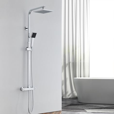 Auralum Thermostat Duschsystem Regendusche Eckig Duscharmatur Duschset inkl. Überkopfbrause Handbrause Regenbrause