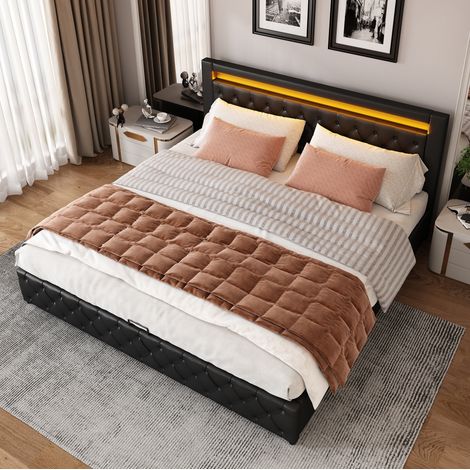 MEUBLIV lit capitonné 140x190 cm noir – rangement hydraulique et LED, sans matelas (1/5)