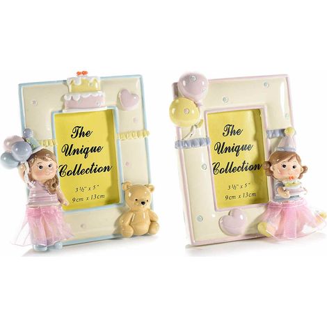 Cornici portafoto tema Buon Compleanno in resina lucida con orso e bambina con gonna in tulle, set da 4 pezzi, cm 11 x 12 H