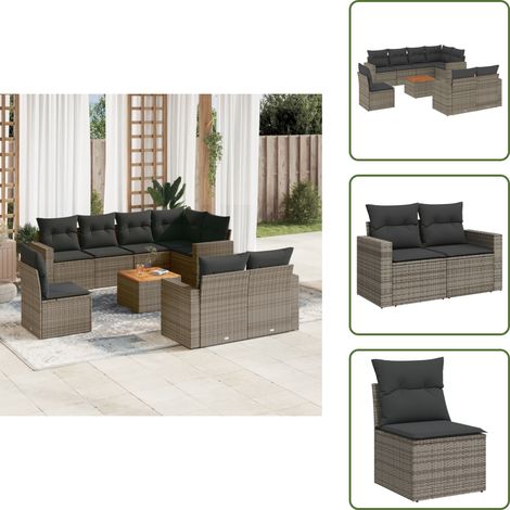 9-tlg. Garten-Sofagarnitur mit Kissen Grau Poly Rattan - Gartenmöbel Set - Esszimmergarnitur - Outdoor Möbel - Lounge Garnitur - Rattan Gartenmöbel (1/5)