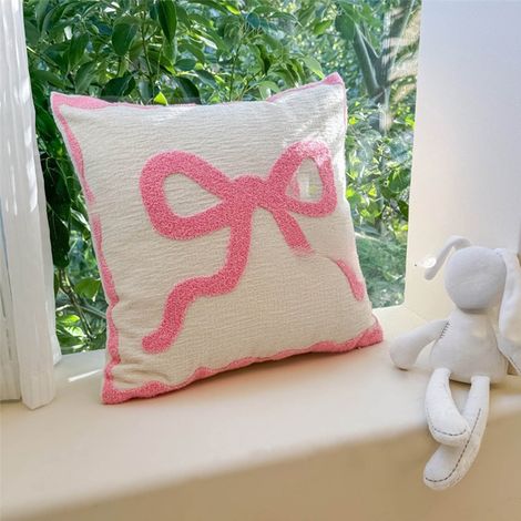 Housse De Coussin - Fausse Fourrure - Nœud Papillon - Pour Canapé Lit Chaise - 45 x 45 cm - Rose - Lot De 1 (1/5)
