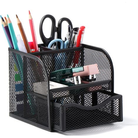 Rangement Bureau, Organisateur de Bureau en Filet MéTallique, Pot a Crayon Bureau avec 4 Compartiments de Tri, Porte Stylo Peu Encombrant avec Tiroir Coulissant pour Papeterie, Maison, école (1/5)
