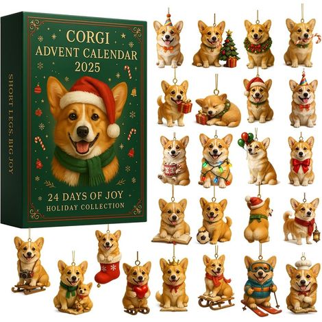 Calendrier de l'Avent 2026 - 24 cases - marron, blanc, rouge, vert - acrylique - dimensions 27 x 19 x 4 cm - ensemble de décorations de Noël à suspendre en forme de corgi - idéal pour décorer la maiso (1/5)