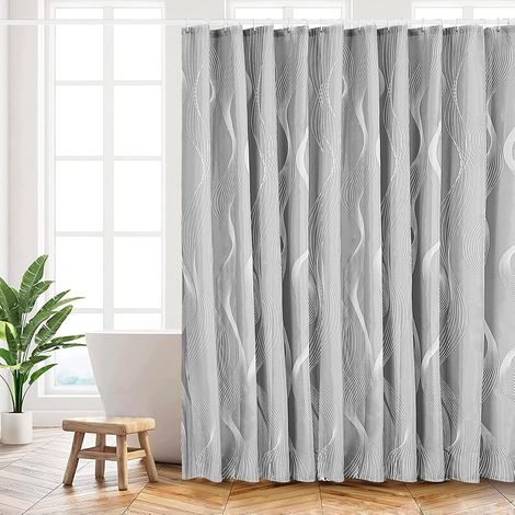 Rideau de Douche 180x200 cm, Polyester Lavable en Machine avec Crochets, pour Salle de Bains, Courbe Gris