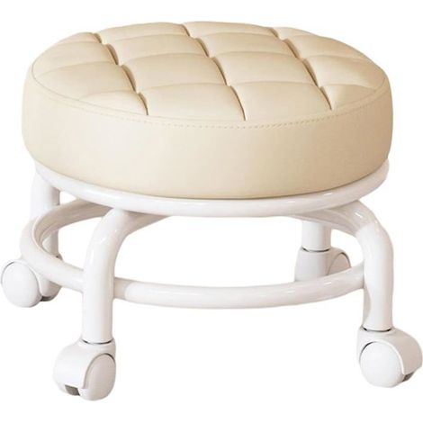 Tabouret à roulettes rotatif - DOK - 360° rotatif - Léger - Robuste - Pour salons - Plastique - Cuir - Éponge - Beige (1/5)