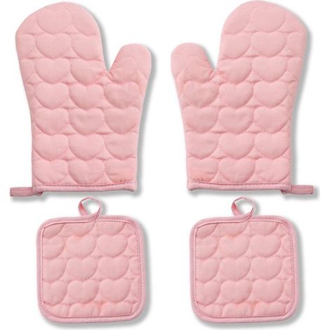 Set di quattro guanti resistenti al calore - Set di guanti da cucina resistenti al calore e tappetino resistente al calore - Guanti a forma di cuore e tappetino resistente al calore - Adatti per cucin (1/5)