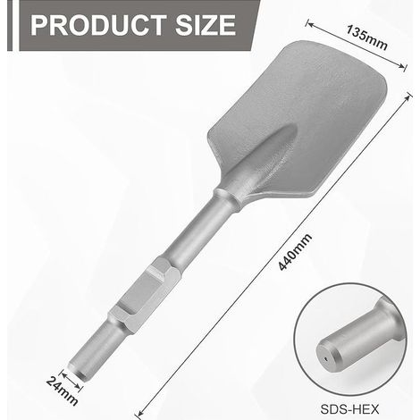 SDS HEX Burin Plat 135 x 440mm, Tige Hexagonale Pelle Ciseau Marteau de Démolition 30mm, Pelle à Asphalte HEX Bêche à Argile Idéal pour Enlever les Saletés Dures, L'argile et le Béton Meuble