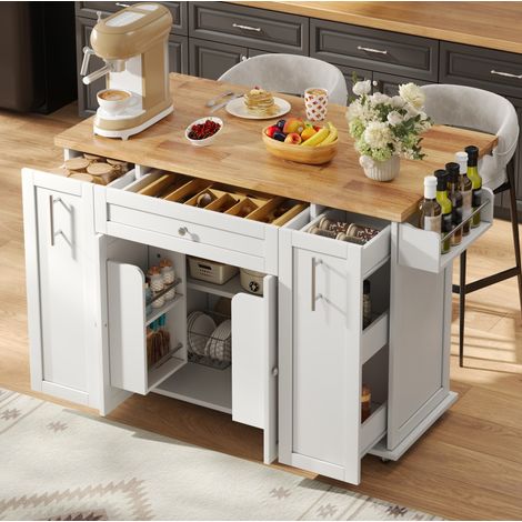 Isla de cocina plegable 120x45(70)x87 cm, carrito con 3 cajones, almacenamiento, ruedas con freno, MDF natural - blanco (1/5)