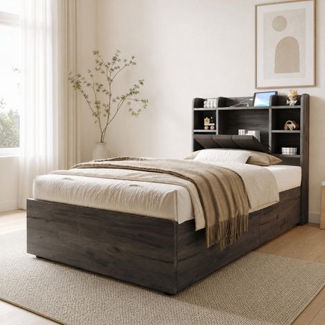 Cama individual 90x200 cm de paneles de madera gris con almacenaje, sin colchón -FLORAGRACE (1/5)