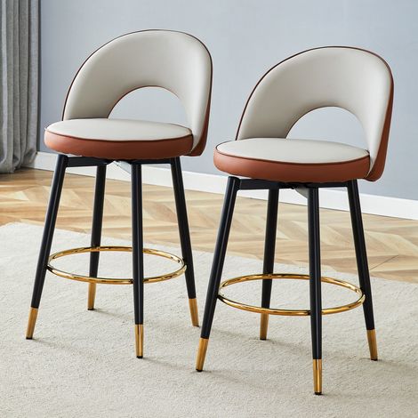 Lot de 2 tabourets de bar 360° rotatifs – Assise PU gris clair/marron, dossier ajouré, pieds métalliques dorés – Idéal pour bar, cuisine et terrasse (1/5)