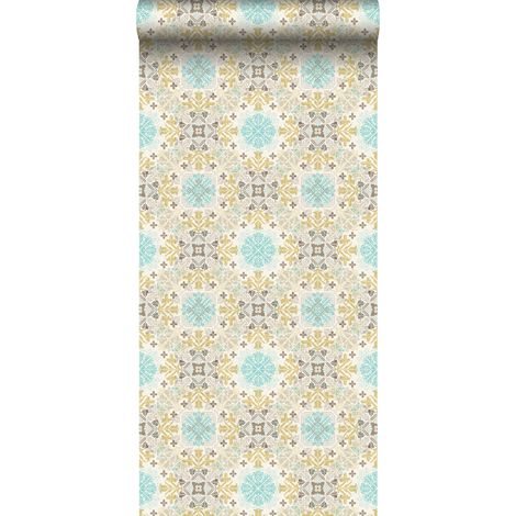 papier peint intissé XXL broderie folklorique beige et turquoise  - ESTAhome (1/5)